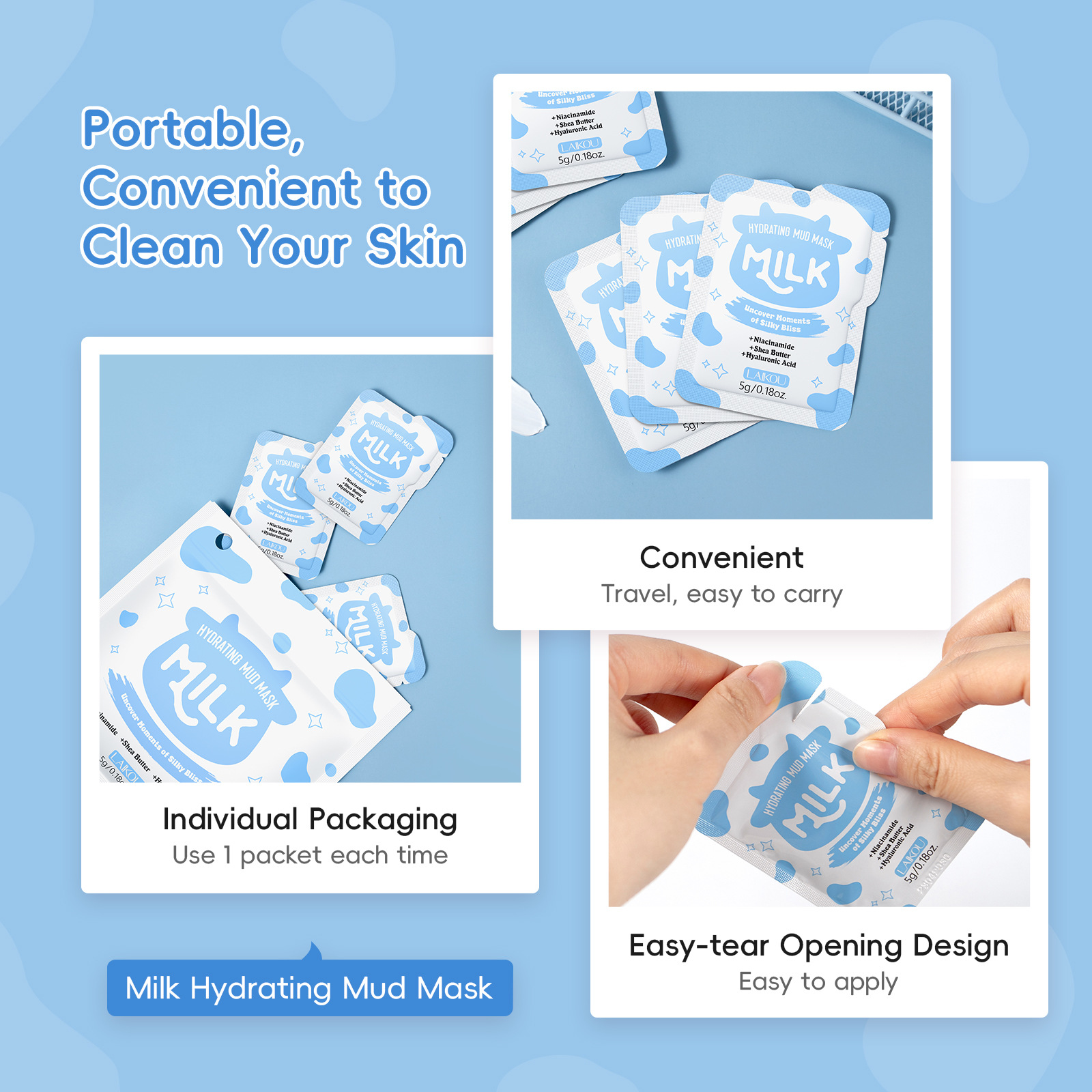 Laikou Milk Moisturizing Mud Mask 1 piece 5g Pore-cleaning, hydrating and moisturizing skin care mask for export Application Scenario