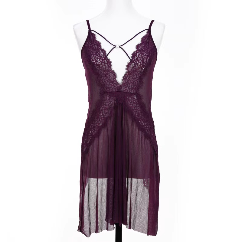 New summer short skirt, slit low-neck mesh lace women's underwear, fashionable lace halter, backless halter sleeping dress Application Scenario