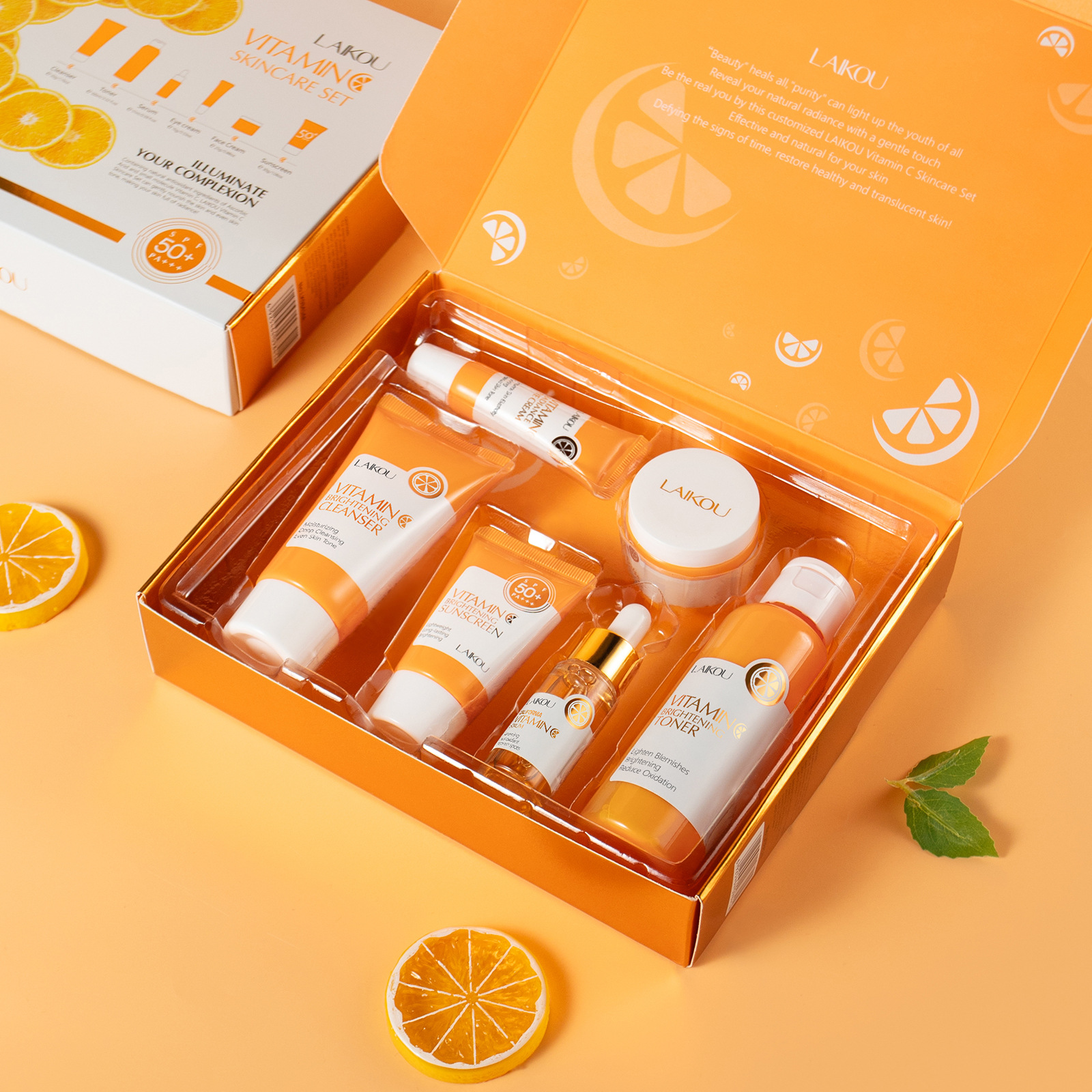 The new cross-border product LAIKOU Vitamin C 6-piece skincare set is available for hydrating, moisturizing and brightening the skin tone. It is in stock and can be dispatched by the manufacturer full figure