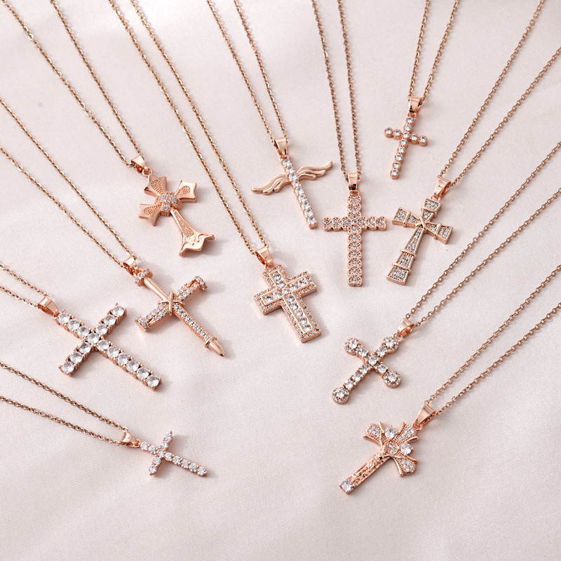 New copper-plated real gold cross necklace, rose gold jewelry, simple pendant for cross-border trade from Europe and America. Southeast Asian trend, versatile and set with zircon