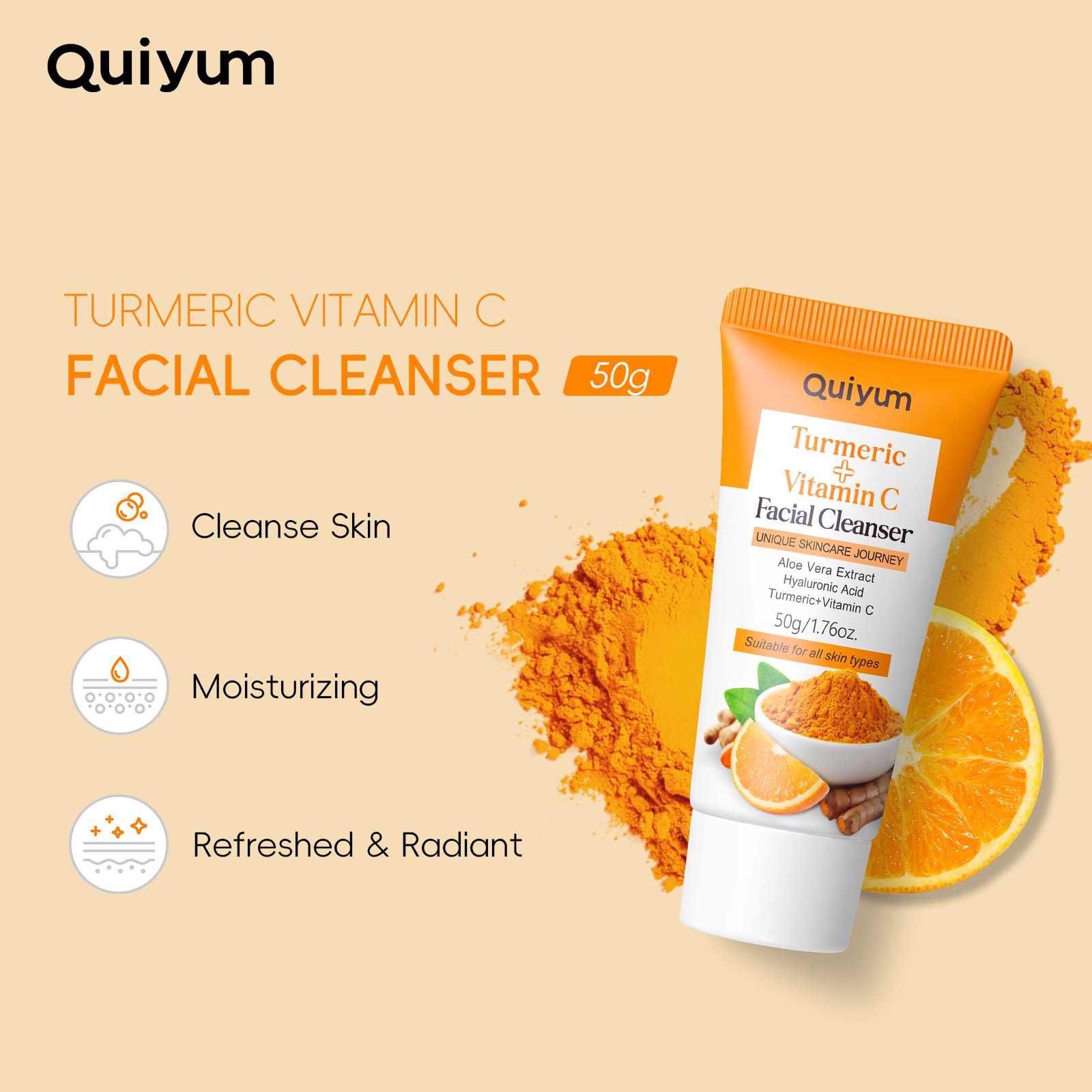 Cross-border QUIYUM Turmeric Vitamin c Cleansing Facial Cleanser 50g Hydrating, Moisturizing and refining Pores Cross-border Export Facial Cleanser full figure