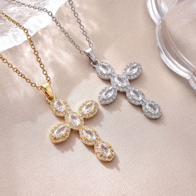 Cross-border copper-plated 18K real gold cross pendant necklace collarbone chain, fashionable