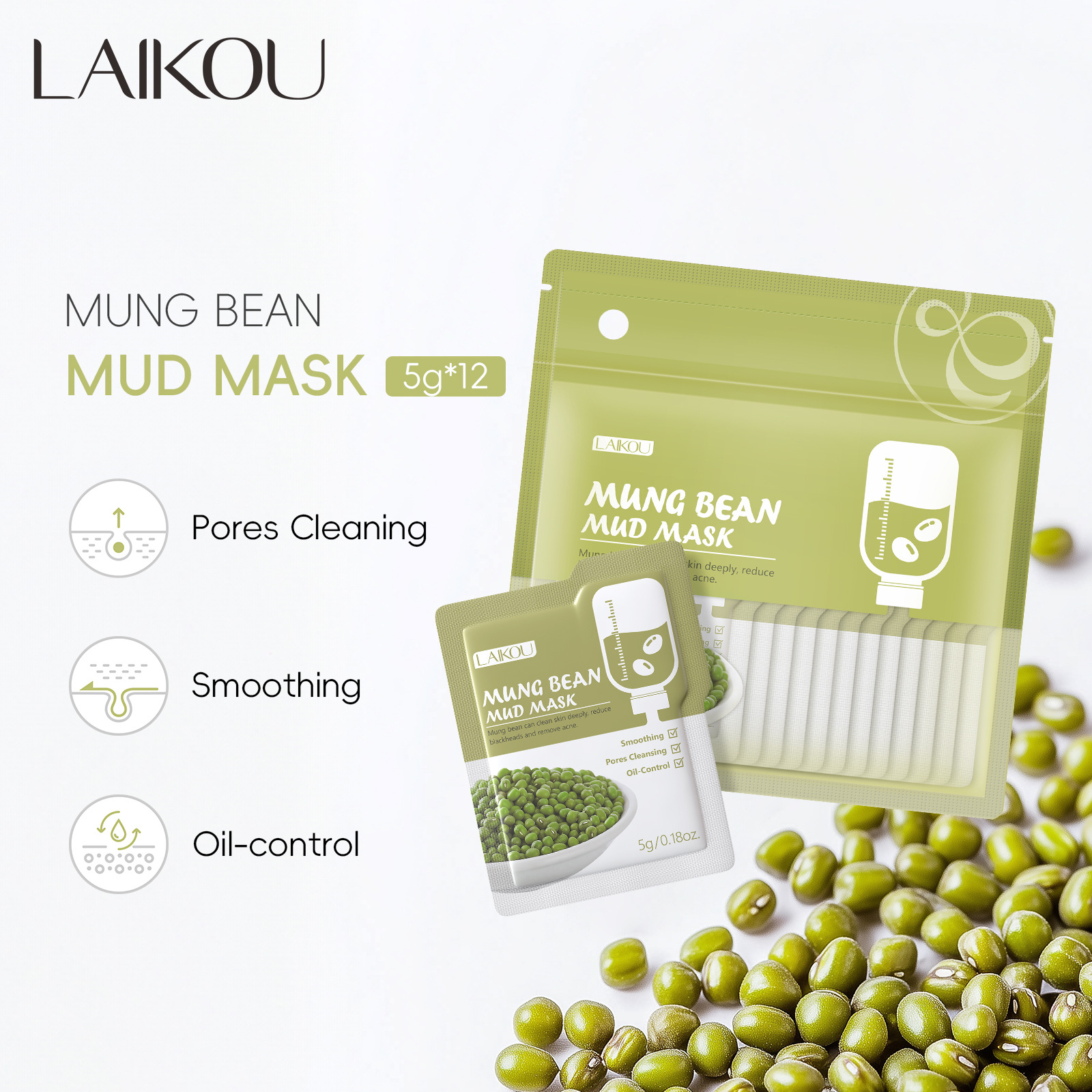 LAIKOU Mung Bean Cleansing Mud Mask 5G 12-piece set facemask Mask Mud for export, all in English full figure