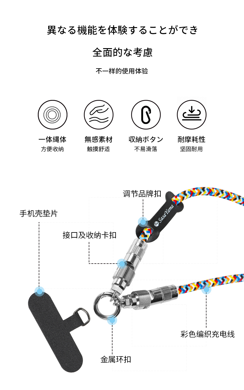 Sasayama portable data cable & phone lanyard 2-in-1 multi-functional high-appearance-level travel anti-loss pic 3