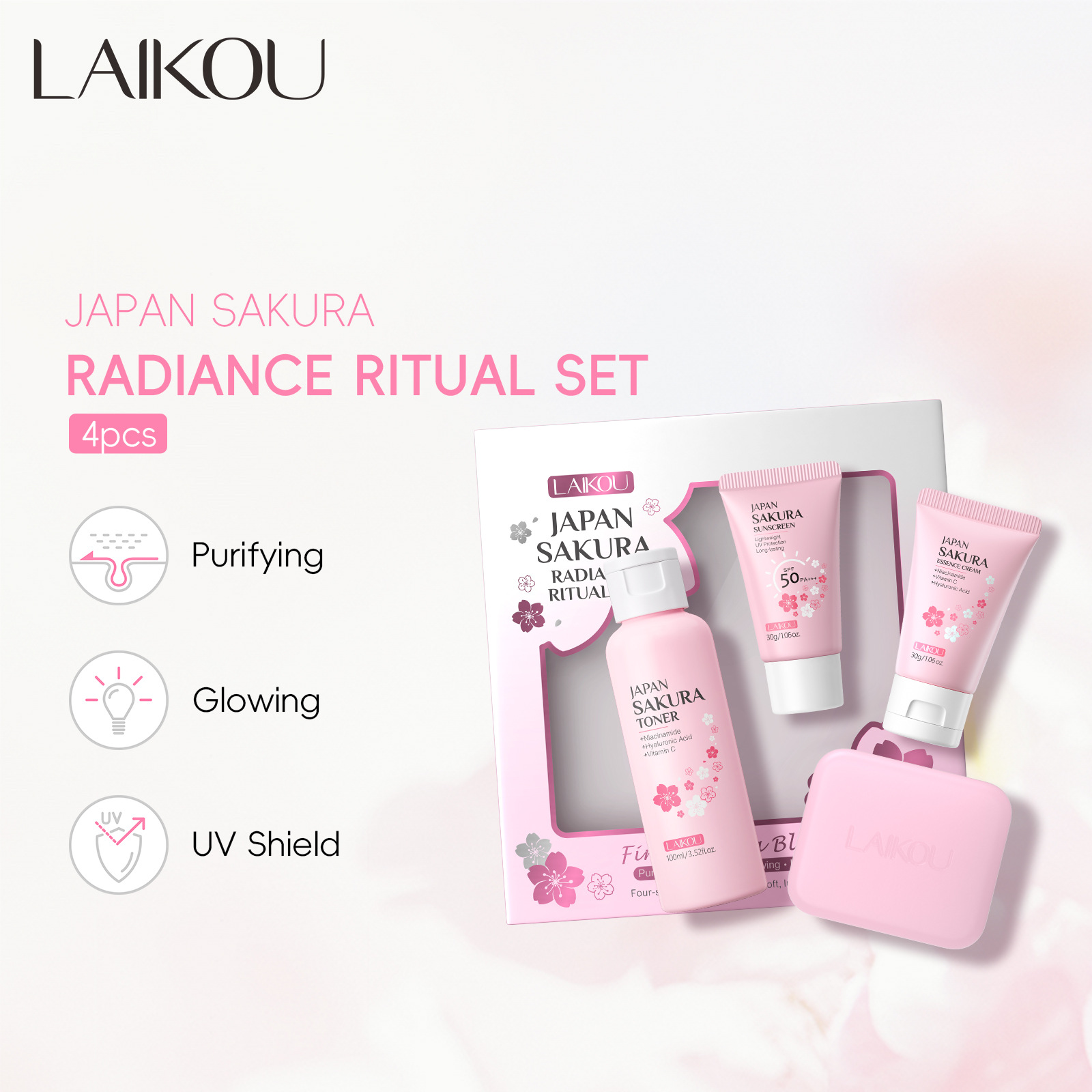New Cherry Blossom 4-piece Set Gift Box: 110g handmade soap + 100ml Toner + 30g Essence Cream +sunscreen full figure