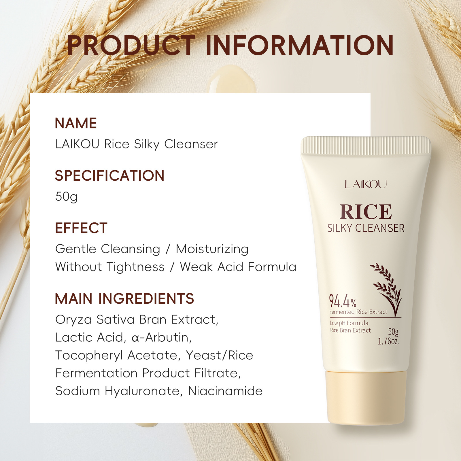 Cross-border export facial Cleanser LAIKOU Rice Facial Cleanser 50g Hydrating and Moisturizing FDArice face wash details Picture