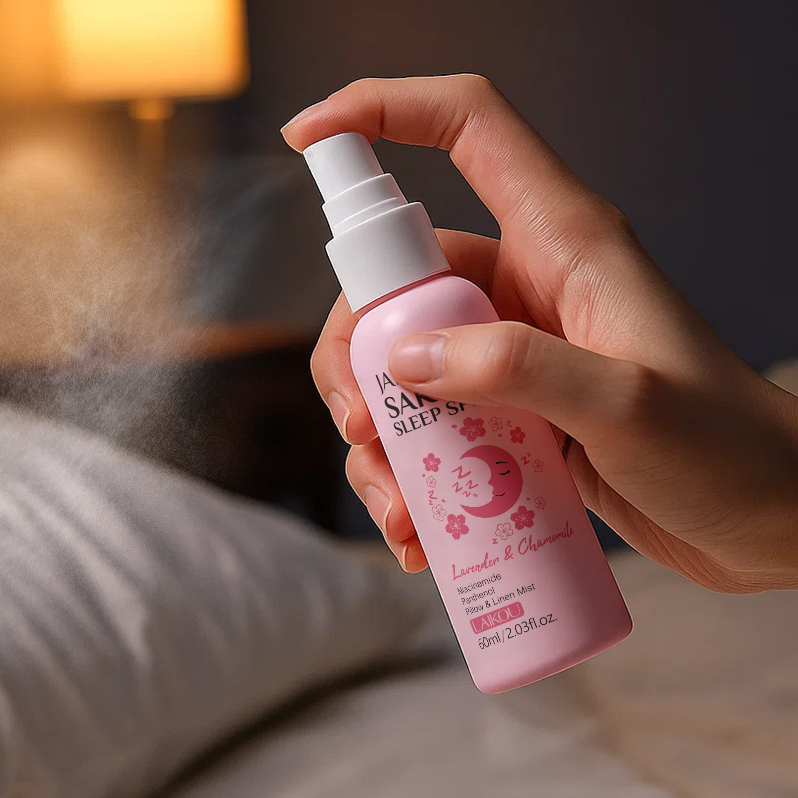 Cross-border LAIKOU Japanese Cherry Blossom Sleep Spray 60ml Leave-in Bedtime Moisturizing Spray for Export skin care products in stock full figure
