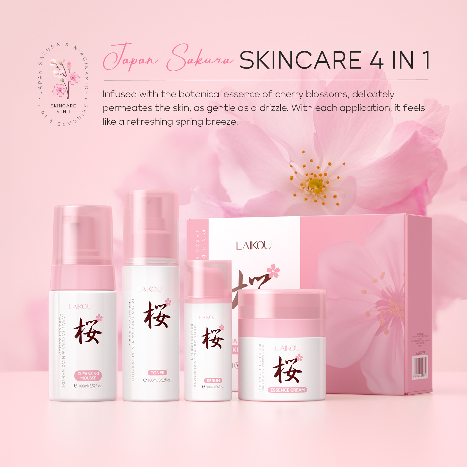 The all-English skin care set of Laikou Sakura Nicotinamide Malay Series 4-piece set hydrating and moisturizing skin care products for export Application Scenario