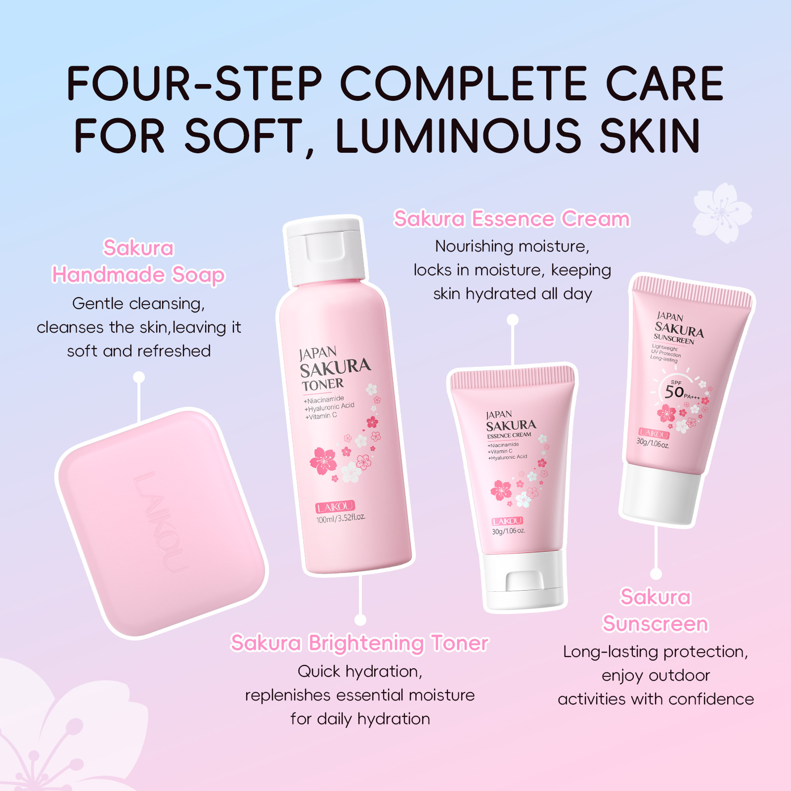 New Cherry Blossom 4-piece Set Gift Box: 110g handmade soap + 100ml Toner + 30g Essence Cream +sunscreen details Picture