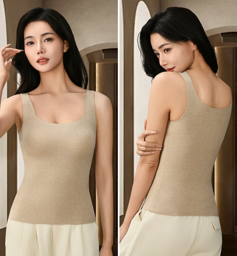 Women's thermal vest, seamless base layer top, double-sided fleece square neck with fleece thermal halter, autumn and winter fixed cup vest Item Picture