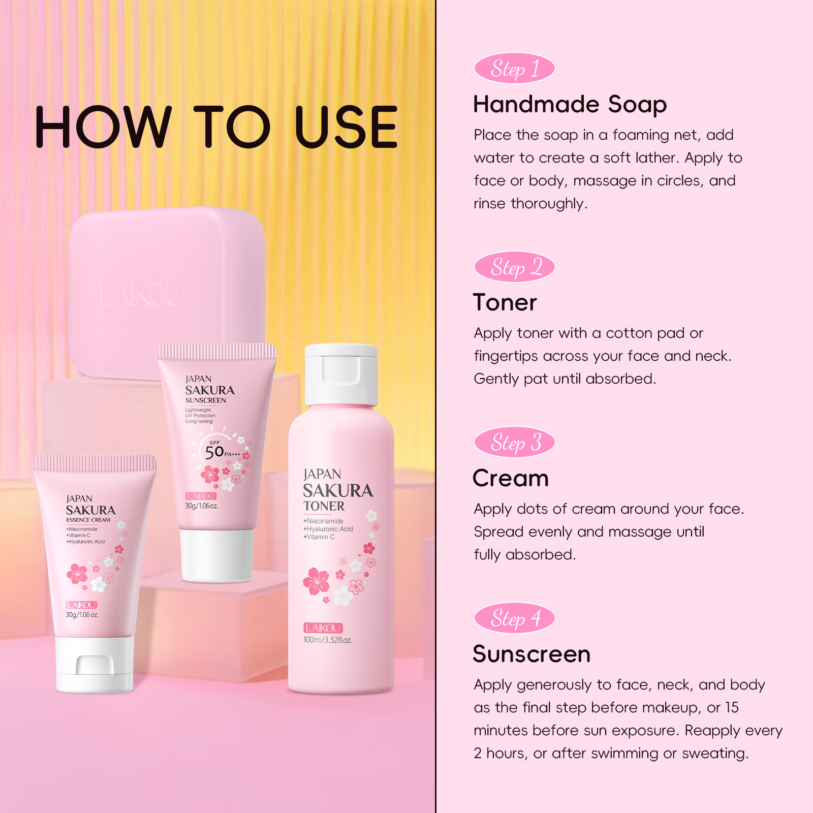 New Cherry Blossom 4-piece Set Gift Box: 110g handmade soap + 100ml Toner + 30g Essence Cream +sunscreen Application Scenario