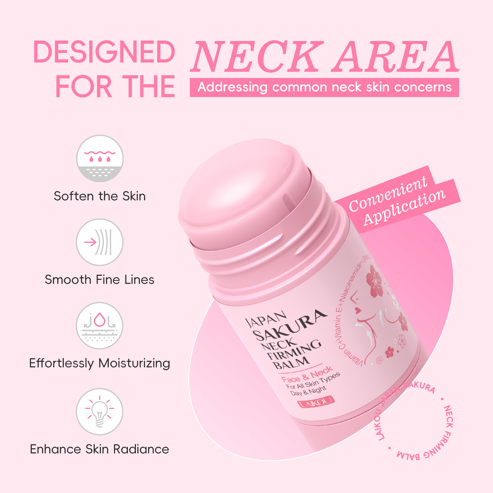 Cross-border foreign trade LAIKOU Cleansing and Moisturizing Laikou Japanese Cherry Blossom Firming Neck Stick Spreadable Neck Cream All in English Specification drawing