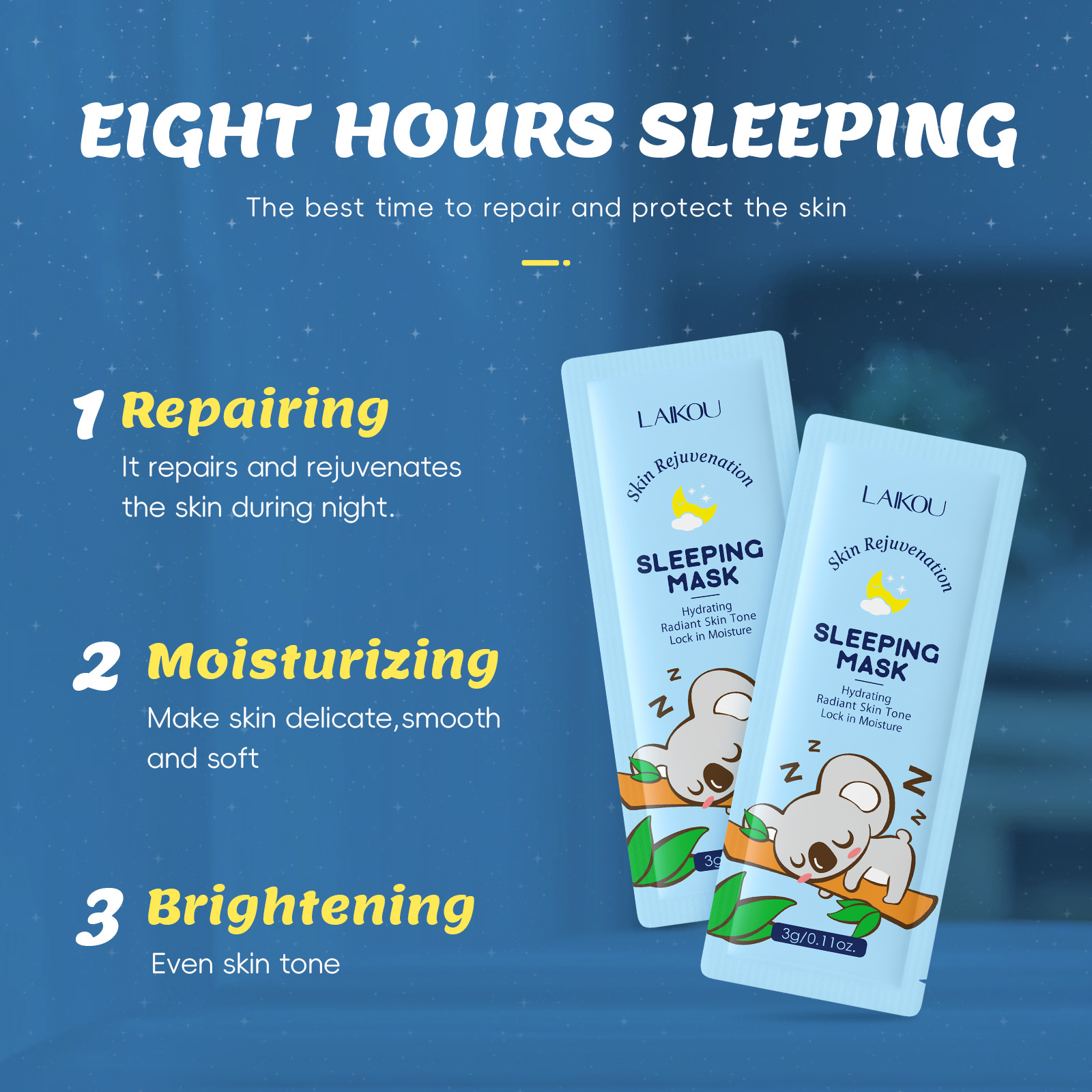LAIKOU Koala Leave-in Sleeping Mask 3g*15 pieces in English packaging, in stock for export Specification drawing