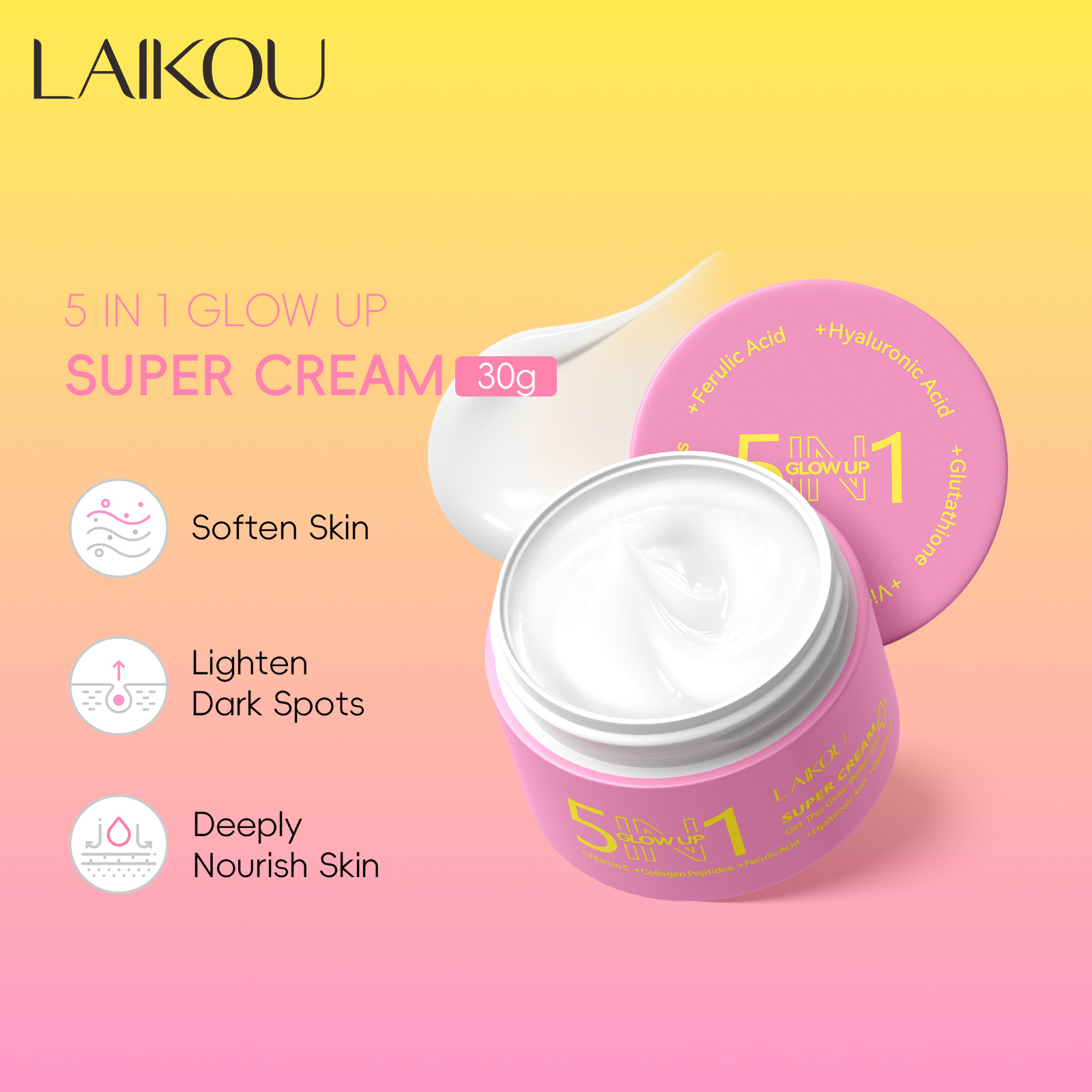LAIKOU's new cross-border product, a 30g five-in-one radiant cream for hydrating and moisturizing, is an all-English skin care cream for export full figure