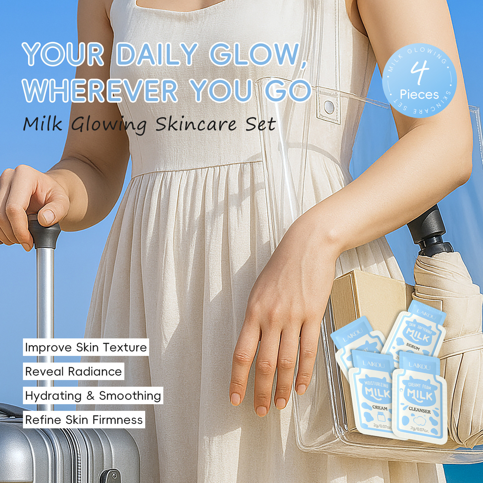 LAIKOU's new cross-border milk 4-pack (facial cleanser + eye cream + essence + moisturizer) 2ml for export details Picture