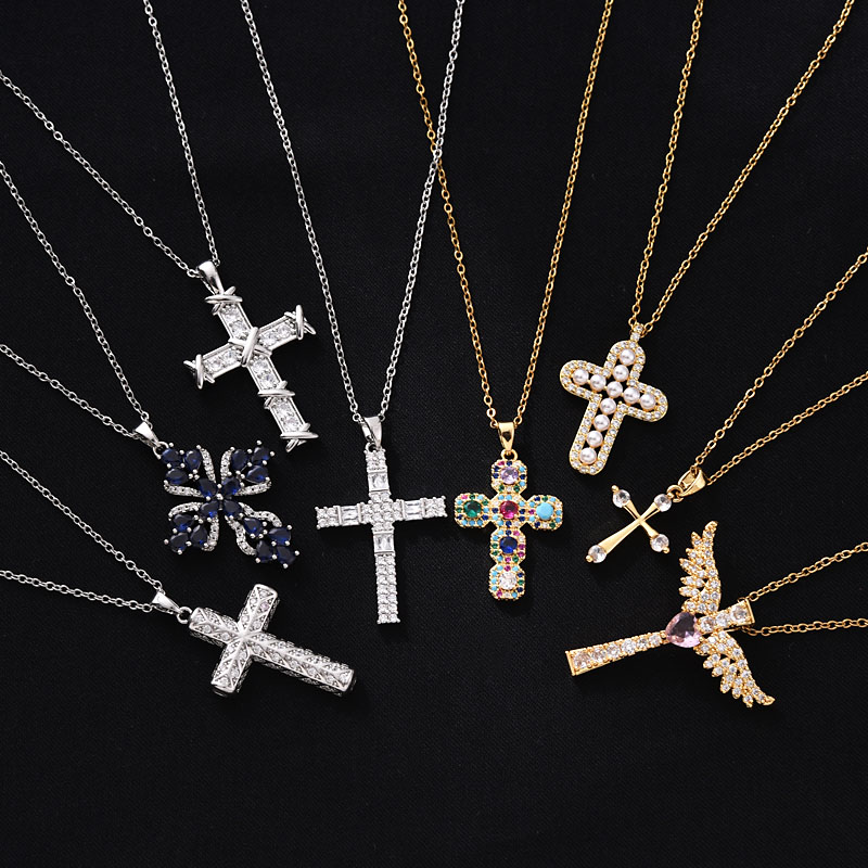 New copper-plated real gold cross necklace jewelry for cross-border trade in Europe and America, simple pendant, Southeast Asian trend, versatile, set with colorful zircon