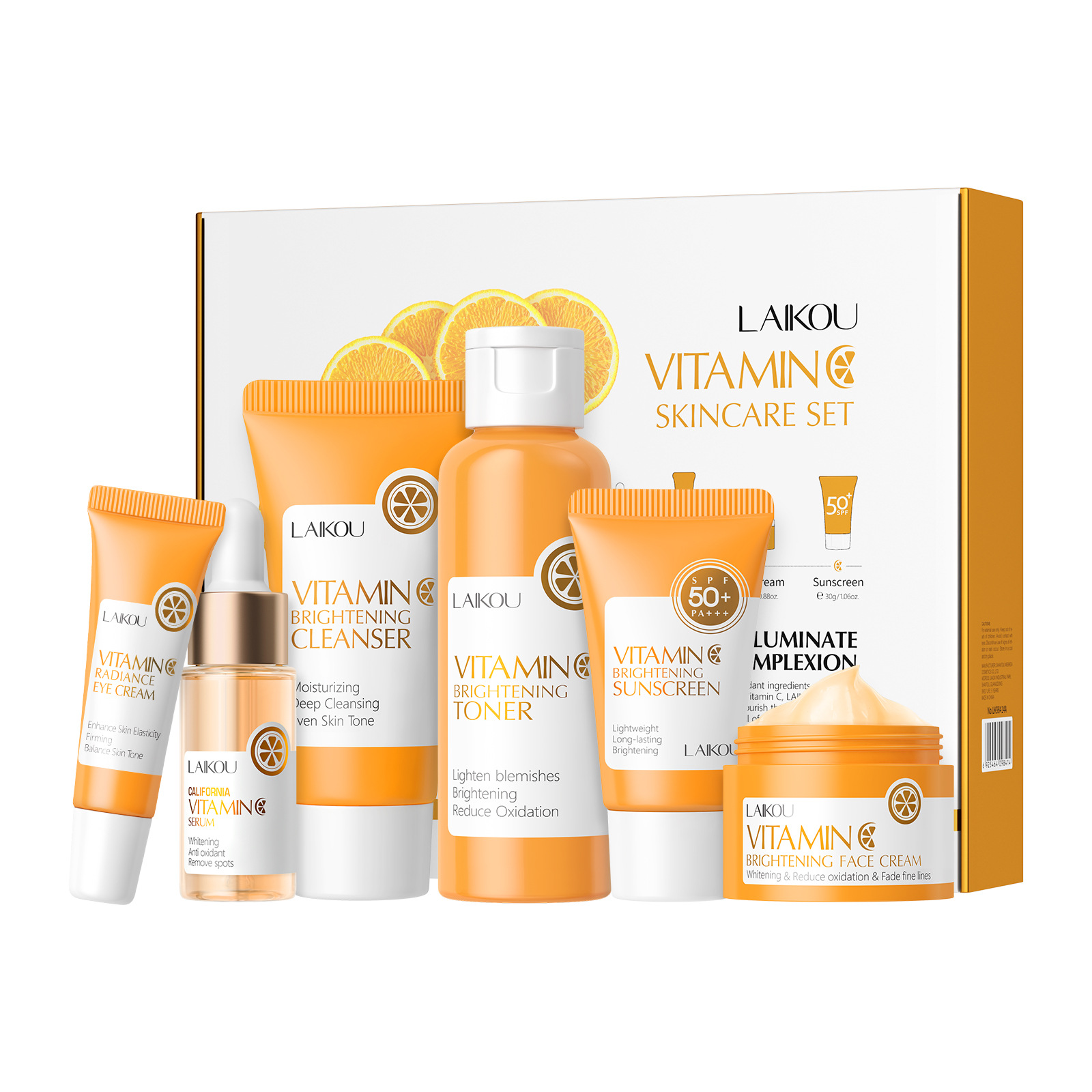 The new cross-border product LAIKOU Vitamin C 6-piece skincare set is available for hydrating, moisturizing and brightening the skin tone. It is in stock and can be dispatched by the manufacturer Item Picture