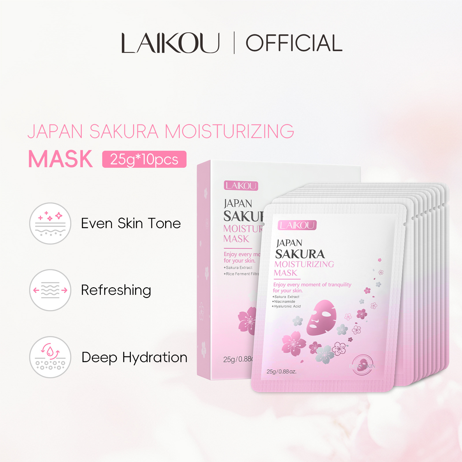 Cross-border LAIKOU Cherry Blossom Moisturizing Mask 25g*10pcs Mask in English box manufacturer, FDA skin care products for export full figure