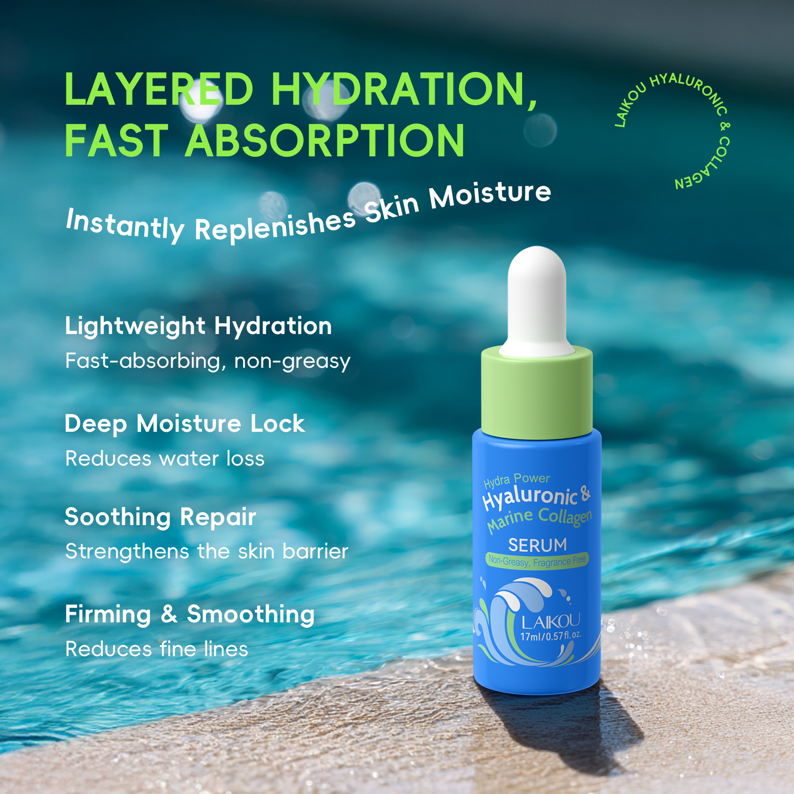 Cross-border LAIKOU Hyaluronic Acid Collagen Essence 17ml Hydrating and Moisturizing Foreign Trade Essence Original Liquid Skin Care product Specification drawing