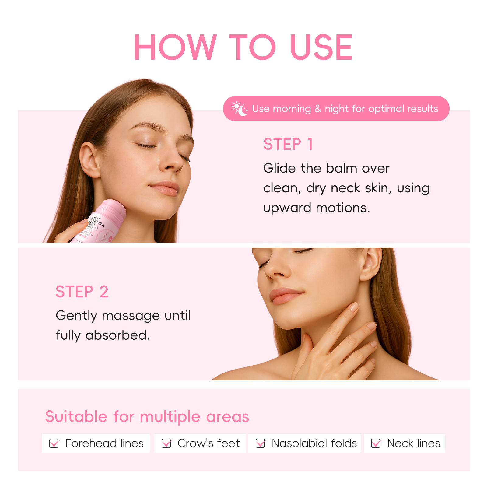 Cross-border foreign trade LAIKOU Cleansing and Moisturizing Laikou Japanese Cherry Blossom Firming Neck Stick Spreadable Neck Cream All in English Application Scenario