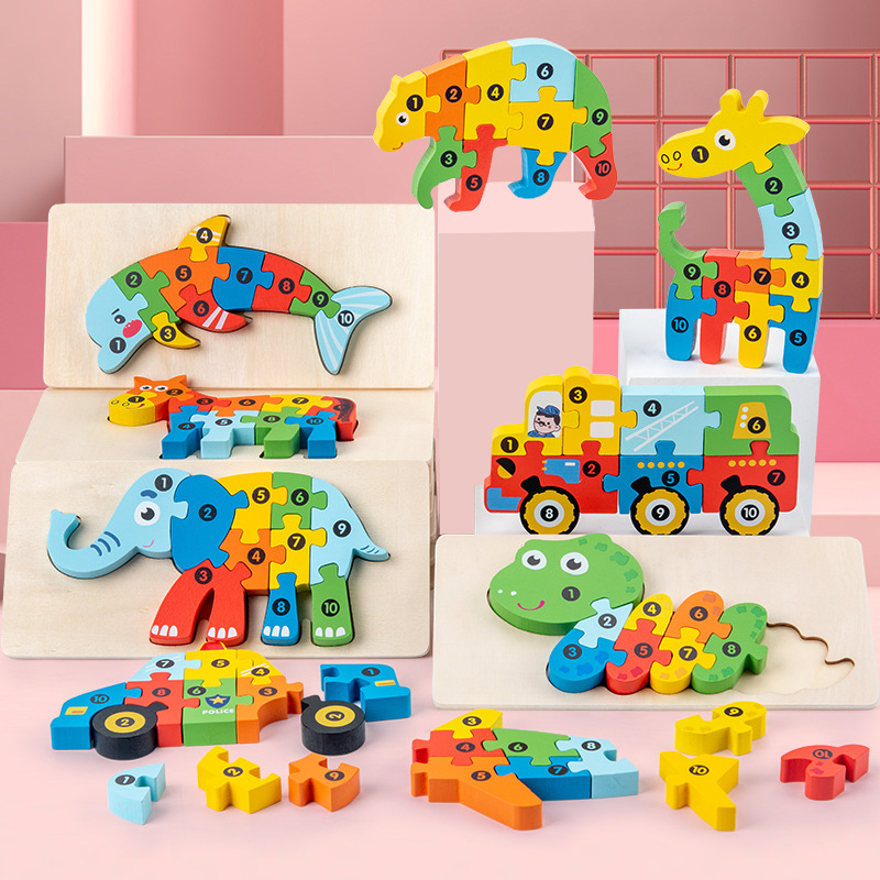 Cross-border wooden early childhood education three-dimensional jigsaw puzzle building blocks, animal traffic cognition board, baby intelligence development toys full figure