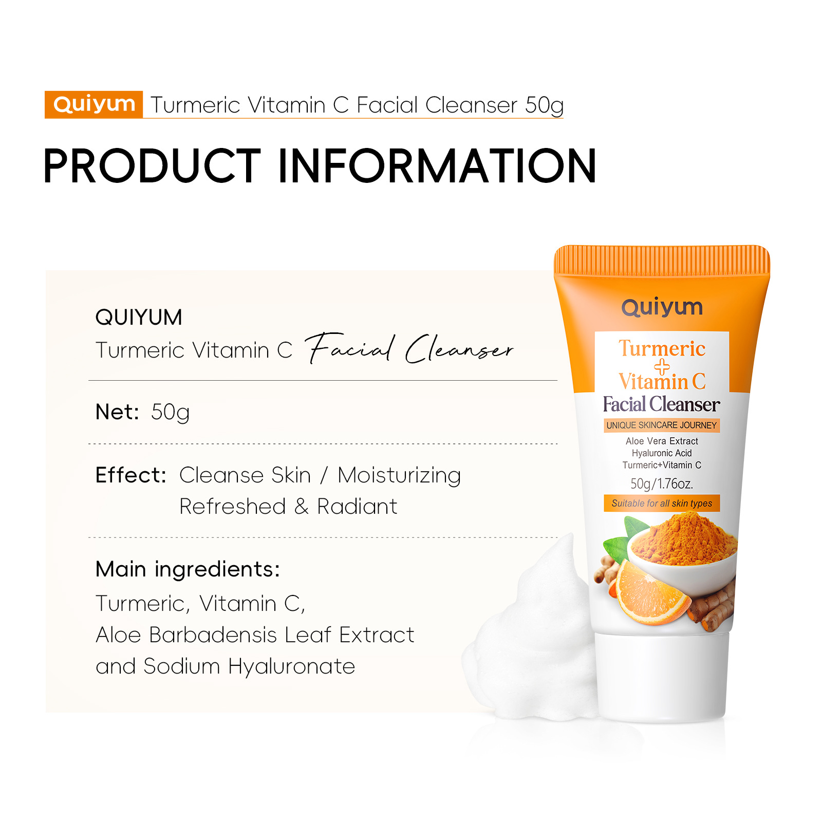 Cross-border QUIYUM Turmeric Vitamin c Cleansing Facial Cleanser 50g Hydrating, Moisturizing and refining Pores Cross-border Export Facial Cleanser Specification drawing
