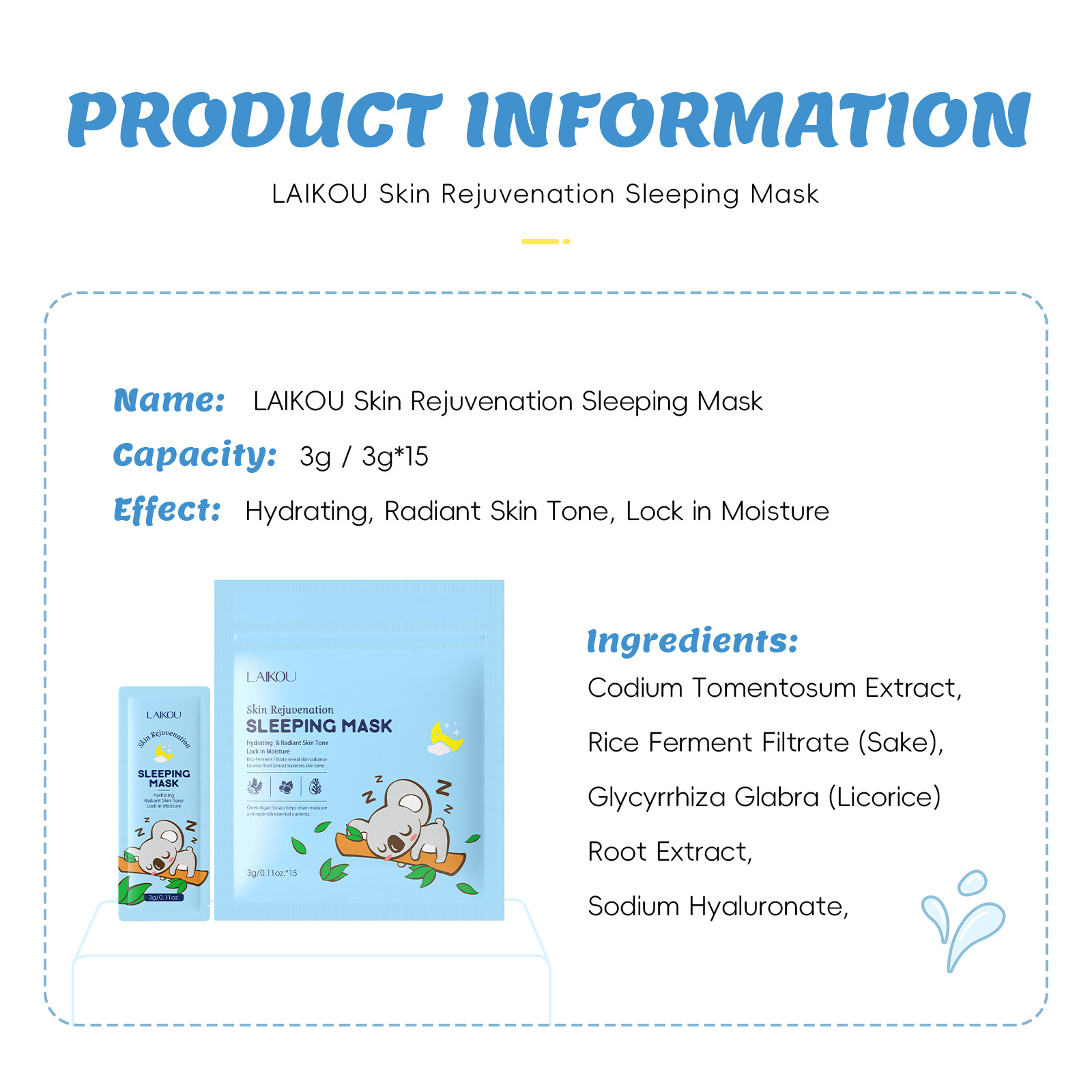 Cross-border LAIKOU Koala Care All-English Sleeping Mask, Single 3g Moisturizing Mask for export details Picture