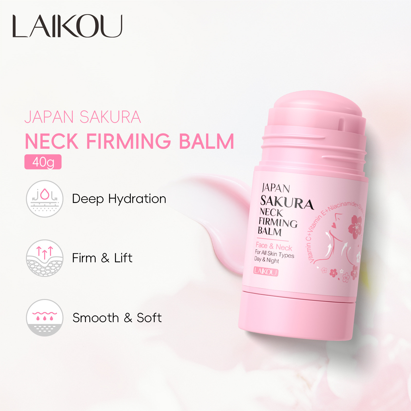 Cross-border foreign trade LAIKOU Cleansing and Moisturizing Laikou Japanese Cherry Blossom Firming Neck Stick Spreadable Neck Cream All in English full figure