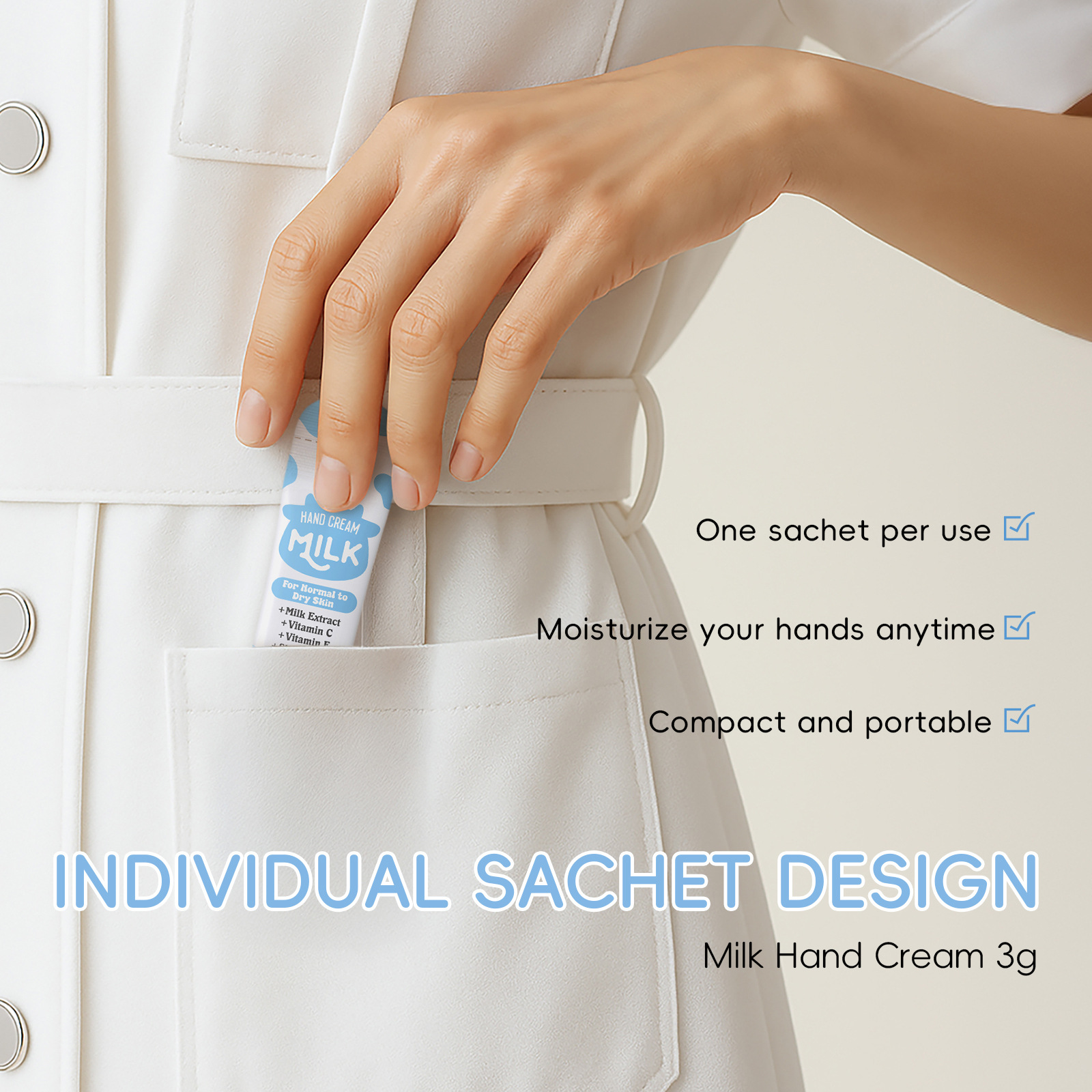Cross-border new product: Laicome Milk Hand Cream 3g Hydrating, Moisturizing and nourishing English packaging sheet Hand Cream Application Scenario
