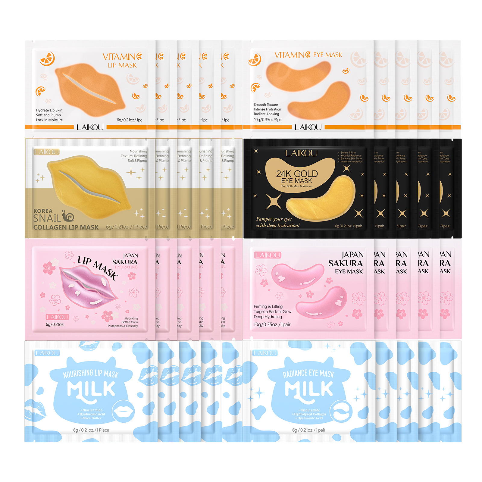 Cross-border LAIKOU lip mask and eye mask 8 sets *5 pieces Moisturizing and hydrating manufacturer in stock lip mask eye mask full figure
