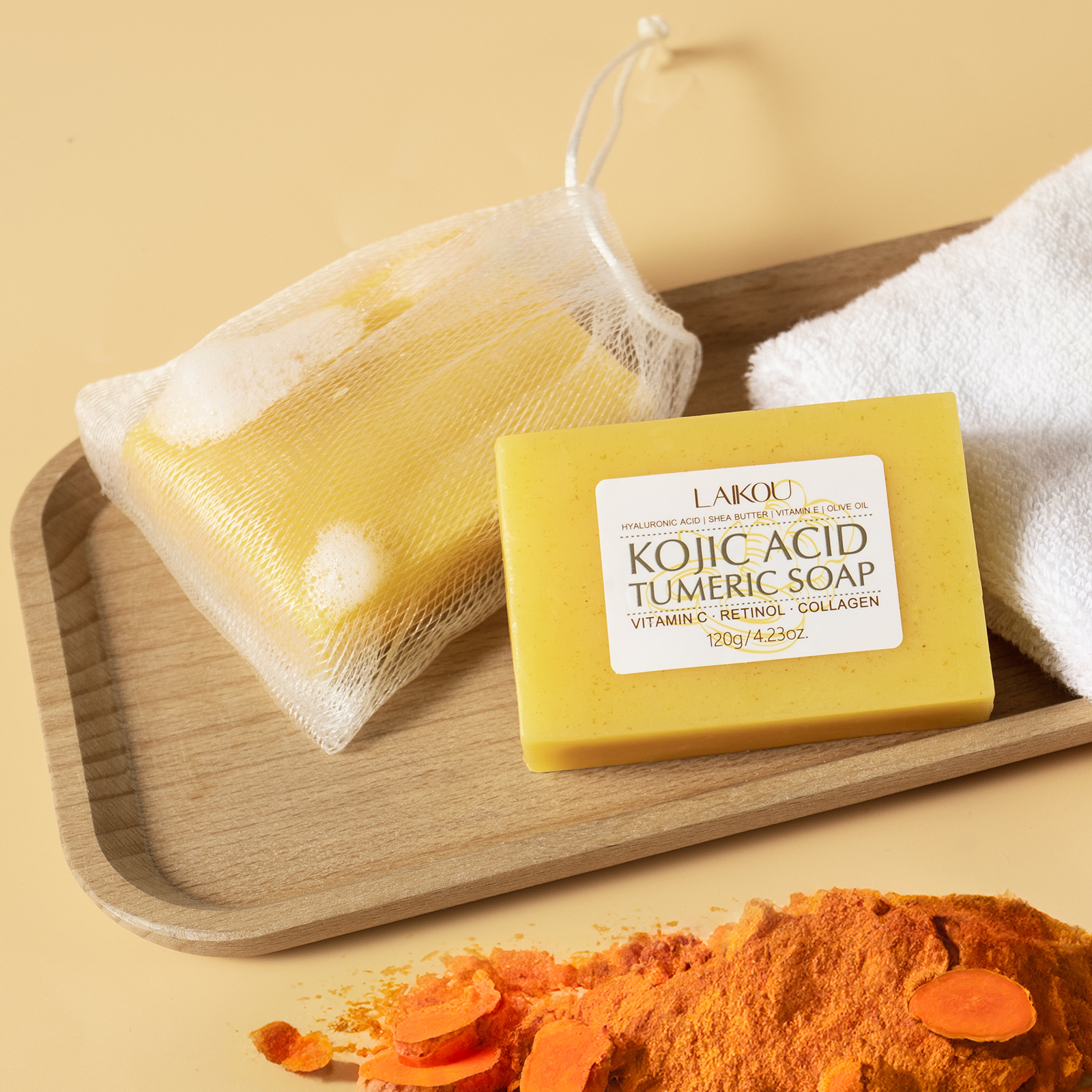 LAIKOU Curic Acid Turmeric Soap 120g for cleansing the face and brightening the complexion. Wholesale of facial soap full figure