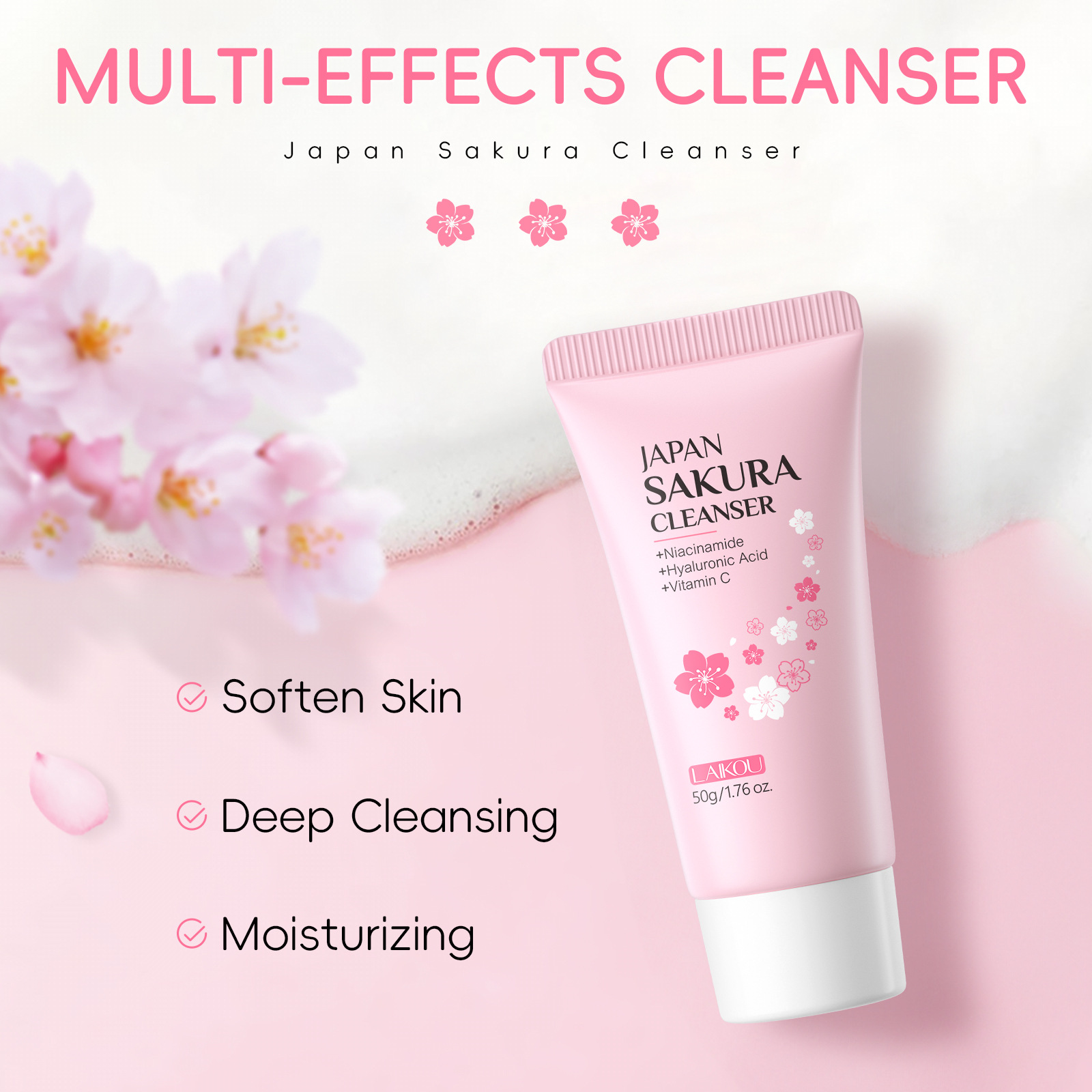 Laiko Japanese Sakura Facial Cleanser 50g Hydrating Facial Cleanser Moisturizing Skin Care Cross-border Export Facial Cleanser Application Scenario