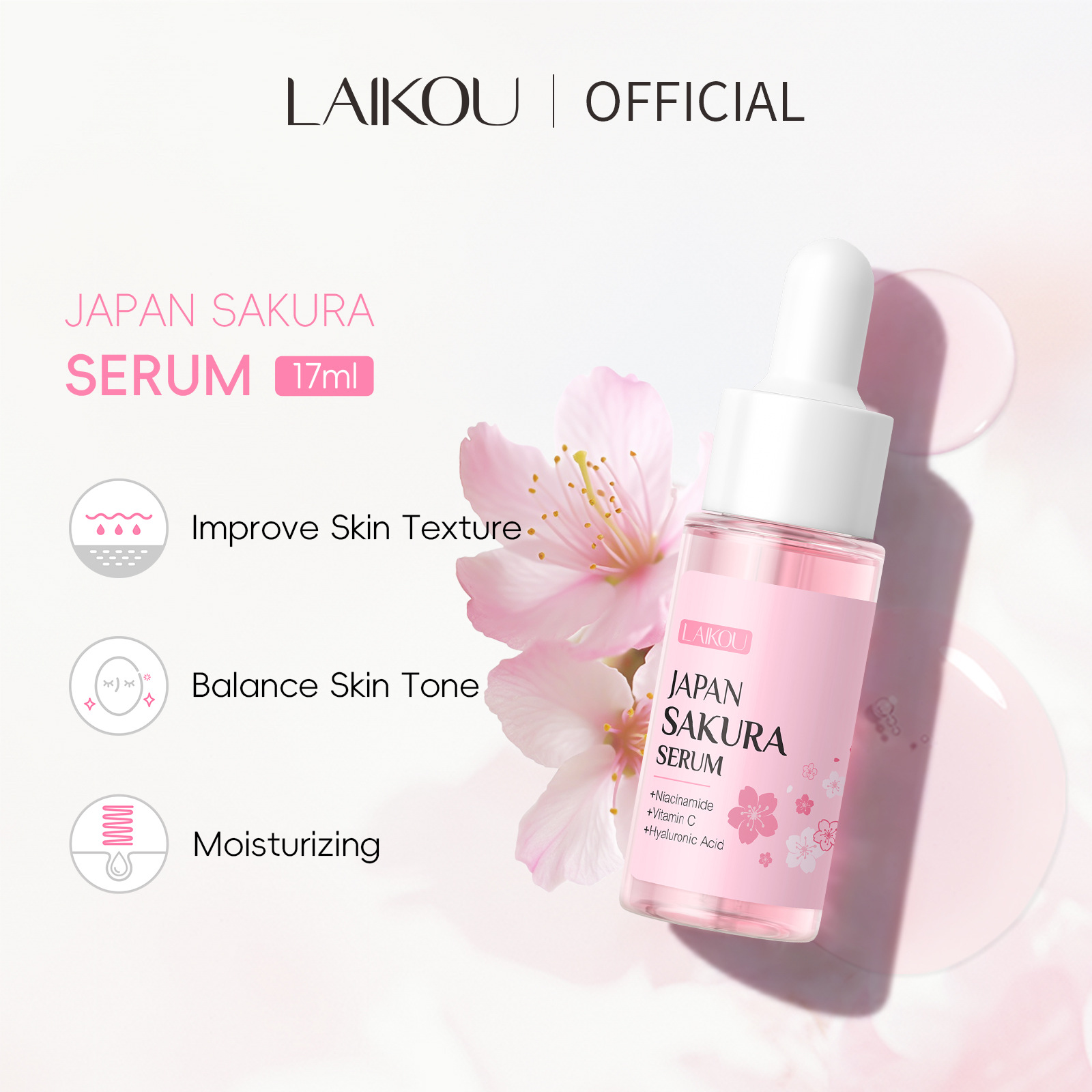 The cross-border Laicome Cherry Blossom serum 17mltemu version comes with a color box Facial serum in full English and has complete qualifications full figure