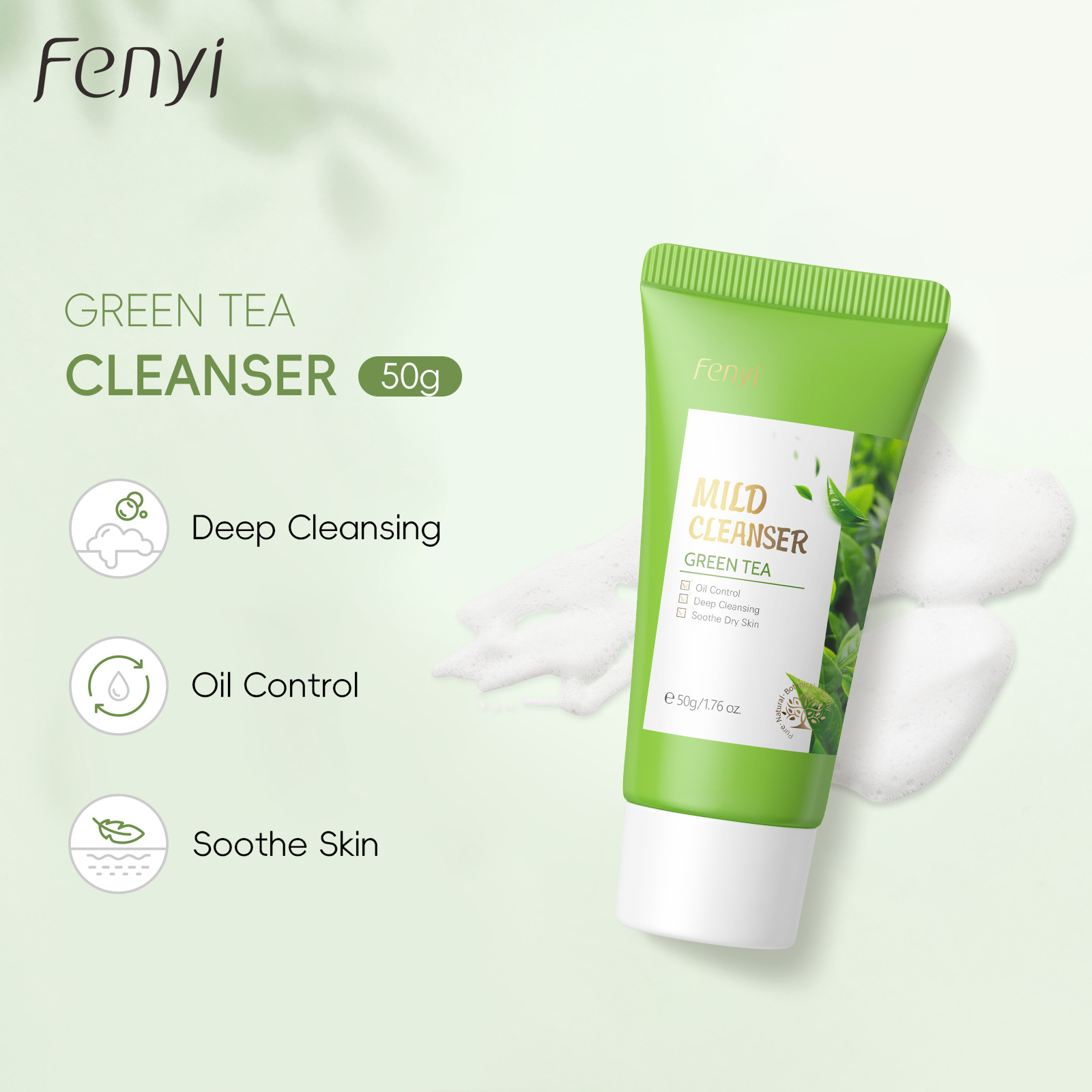 FENYI Green Tea Facial Cleanser 50g Hydrating and Moisturizing Facial Cleanser Cross-border English Cross-border Export Facial Cleanser full figure