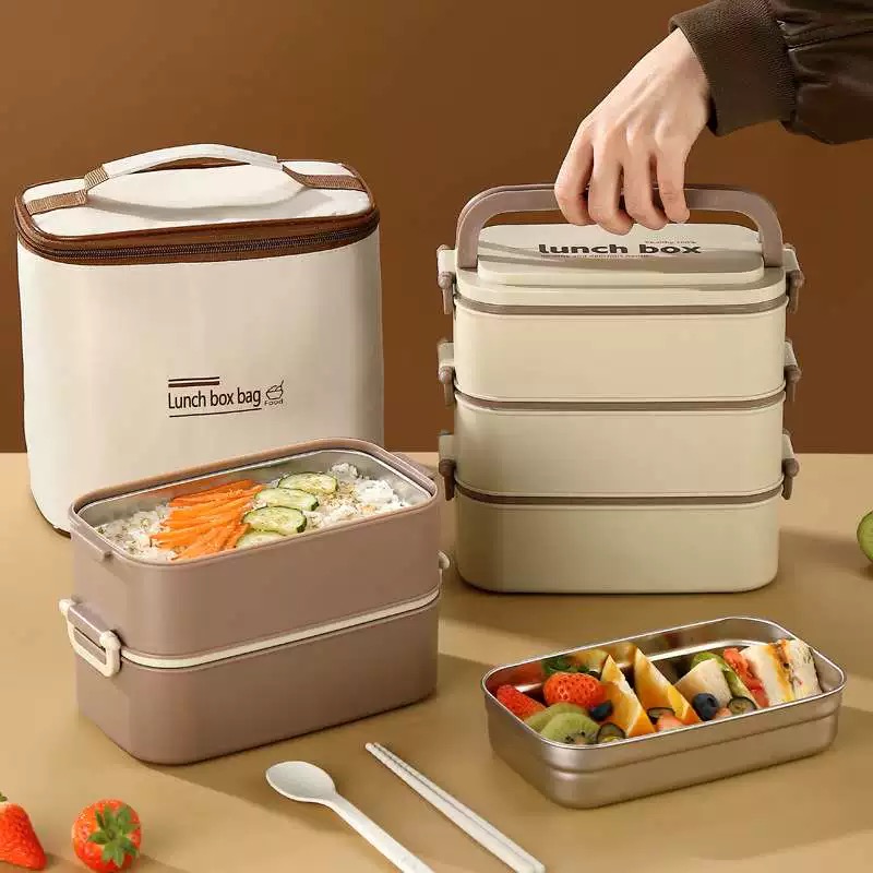 304 food-grade stainless steel lunch box, multi-layer insulated bento box, portable for students and office workers, microwave heating