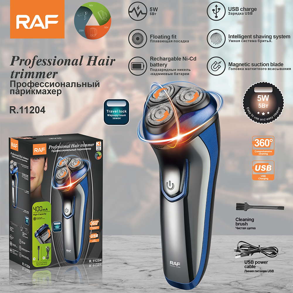 RAF's new cross-border men's electric shaver features a rechargeable USB full-body washable razor and a rotating three-blade design