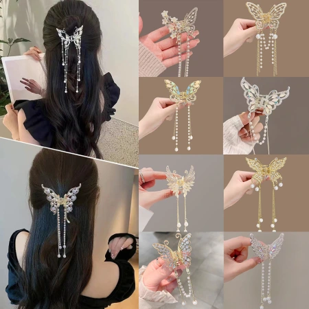 Alloy butterfly hair clips, high-end Korean style, exquisite pearl tassel hair accessories, semi-tied hair clips, women's headwear wholesale Alloy butterfly hair clips, high-end Korean style, exquisite pearl tassel hair accessories, semi-tied hair clips, women's headwear wholesale