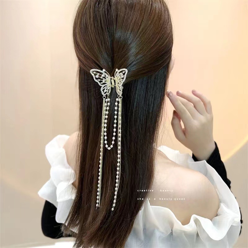 Alloy butterfly hair clips, high-end Korean style, exquisite pearl tassel hair accessories, semi-tied hair clips, women's headwear wholesale Specification image