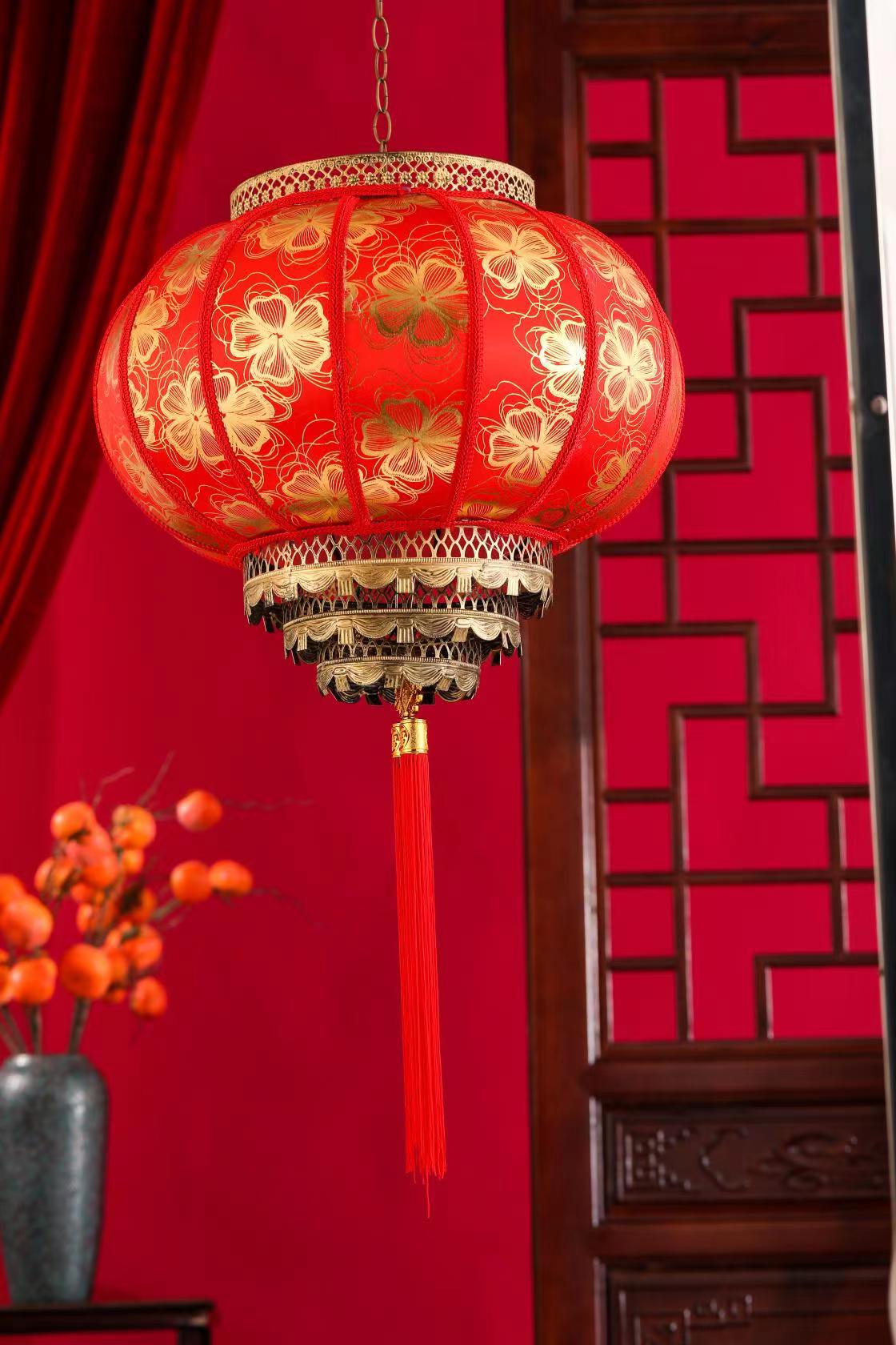 新款红灯笼，新中式古风木制旋转新年灯笼，仿古灯笼仿羊皮灯笼走马灯五叶花