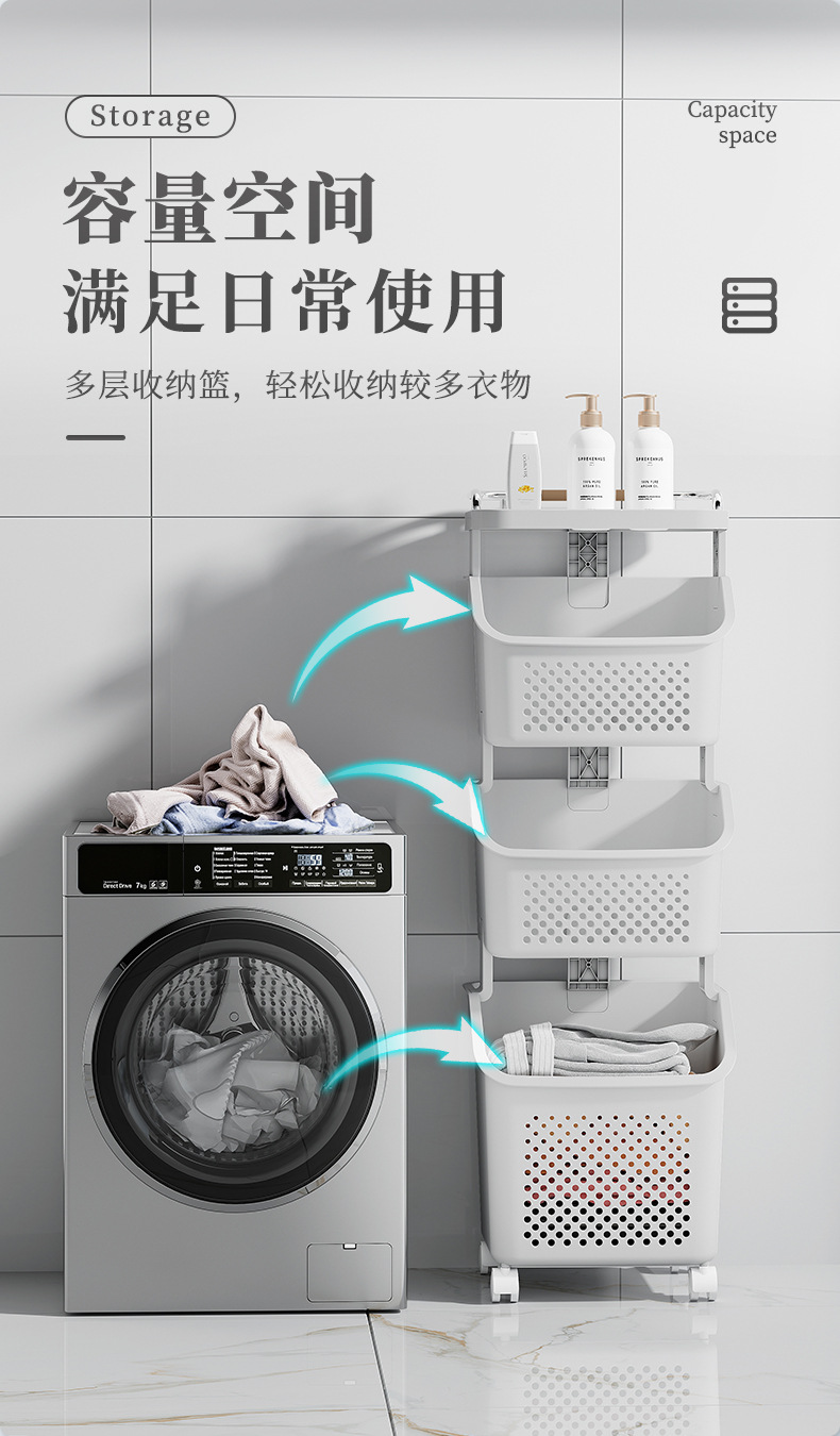 D47-856-2 Dirty clothes basket, multi-functional layered storage rack, trolley, bathroom, balcony, laundry basket, bathroom details Picture