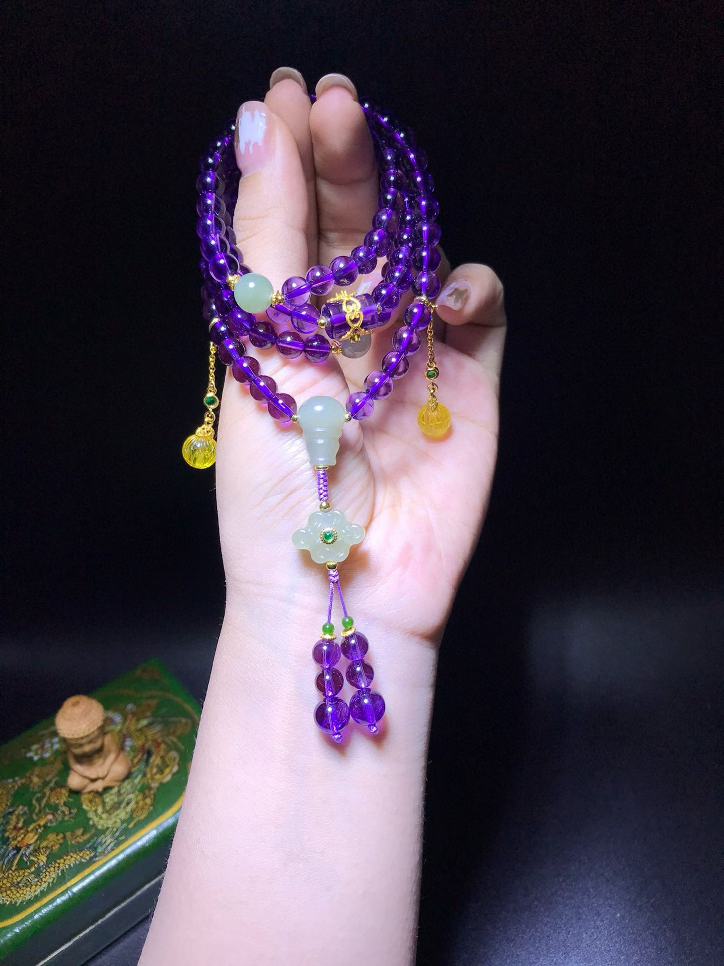 道毅珠宝高货紫水晶108粒项链手链两用925银镶金珀水晶手串水晶桶珠镶银青玉圆珠三通中国结计数器可拆卸925银镶