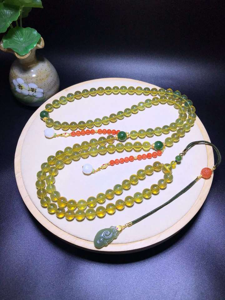 天然蓝珀108朝珠 蓝珀玲珑轻巧搭配碧玉圆珠、南红回纹珠青玉如意南红圆珠犸象牙莲花925银配件