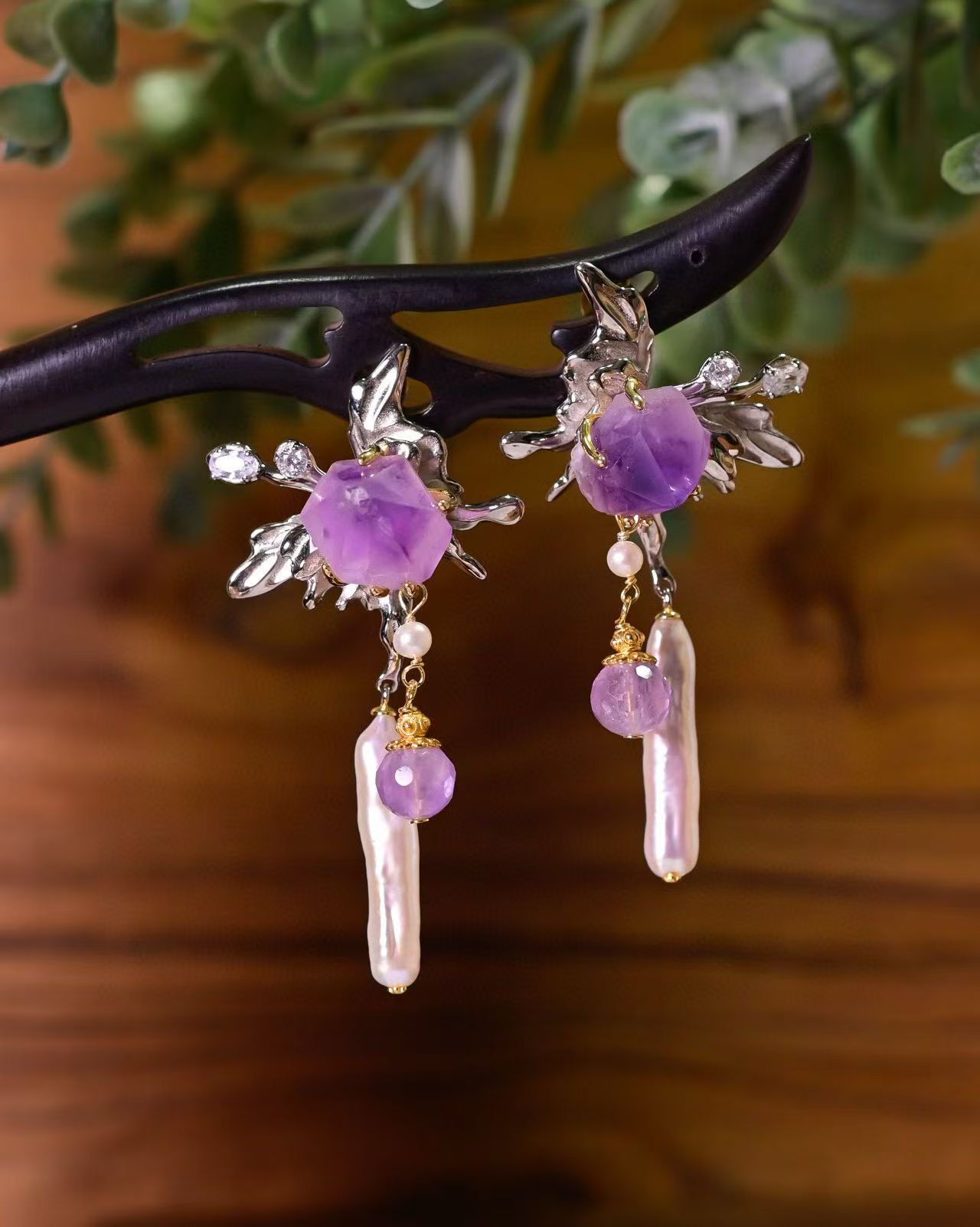 天然紫水晶水晶簇原石搭配巴洛克珍珠925银镶嵌蝴蝶耳钉长款耳饰高品质水晶耳环流行高货详情图4