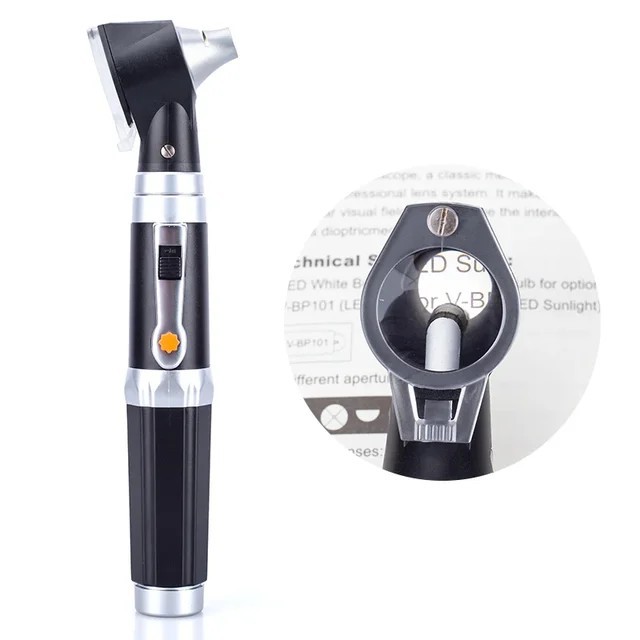 Otoscope, electro-otoscope, large-window fiber optic electro-otoscope, medical devices for ear canal examination Specification image