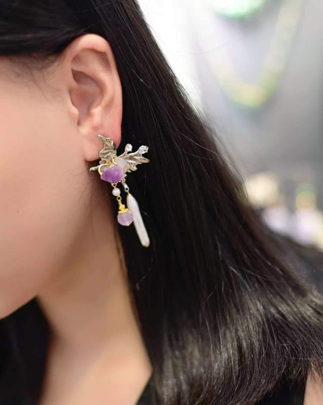 天然紫水晶水晶簇原石搭配巴洛克珍珠925银镶嵌蝴蝶耳钉长款耳饰高品质水晶耳环流行高货详情图7