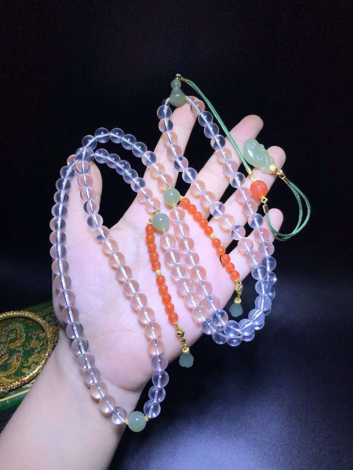 道毅珠宝白水晶手串8毫米108粒朝珠搭配青玉圆珠三通如意玉兰花蓝红圆珠回纹珠925银配件新中式禅意风配饰项链手串水晶手串细节图
