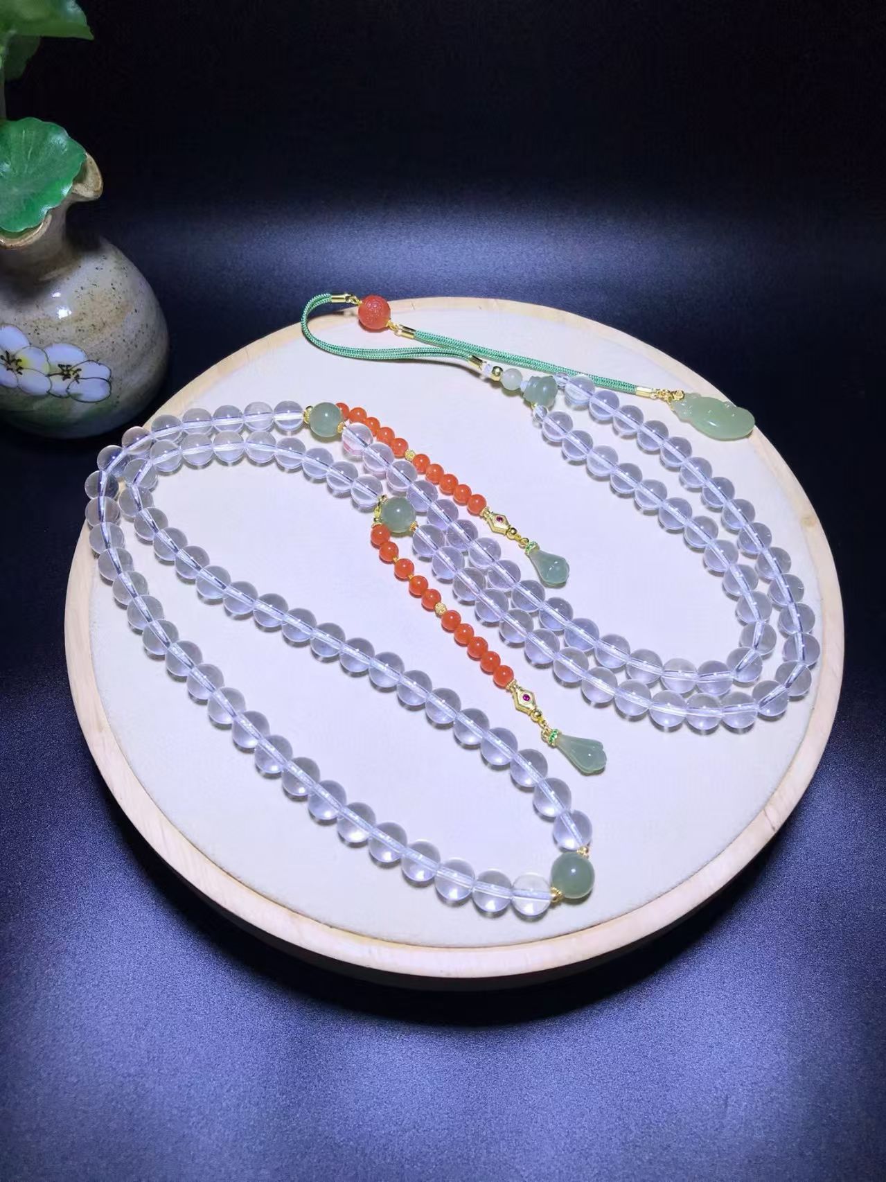 道毅珠宝白水晶手串8毫米108粒朝珠搭配青玉圆珠三通如意玉兰花蓝红圆珠回纹珠925银配件新中式禅意风配饰项链手串水晶手串