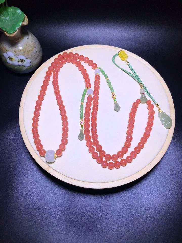 道毅珠宝南红约7.5mm108朝珠项链手链双用 南红朱砂白玉雕刻桶珠和田玉三通和田玉如意碧玉圆珠925银饰