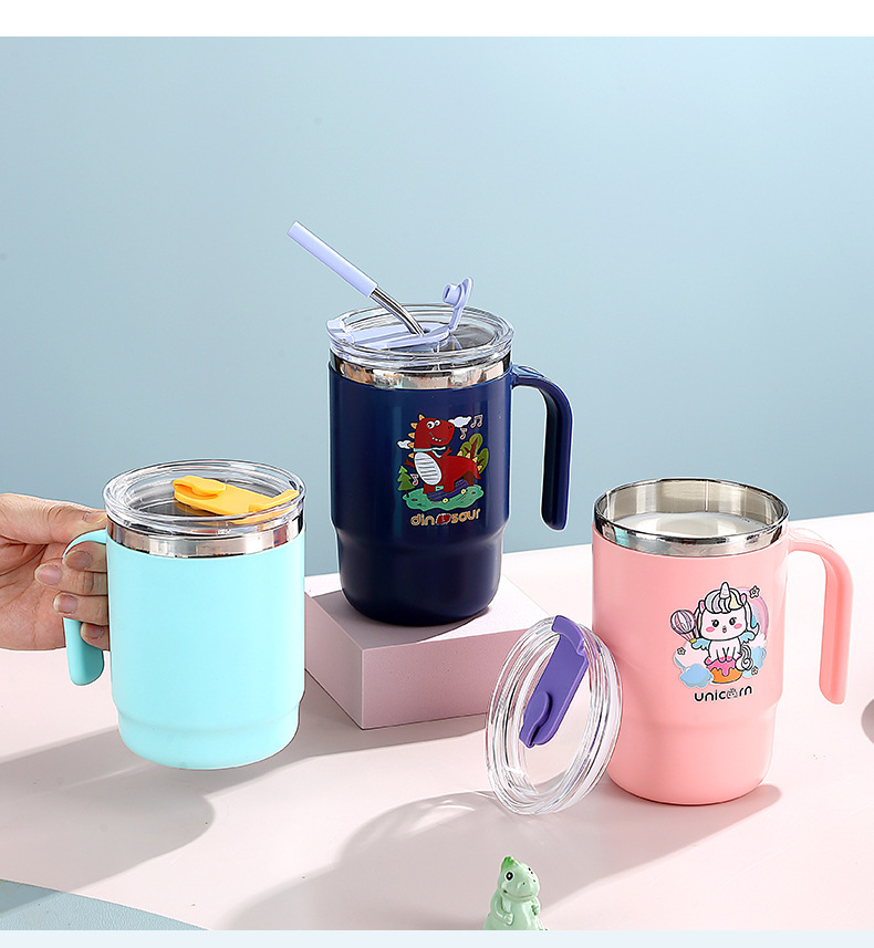 J35-3042 stainless steel water cup, insulated cup, direct drinking cup with straw handle, cartoon mug for office workers, easy to use detail image 7