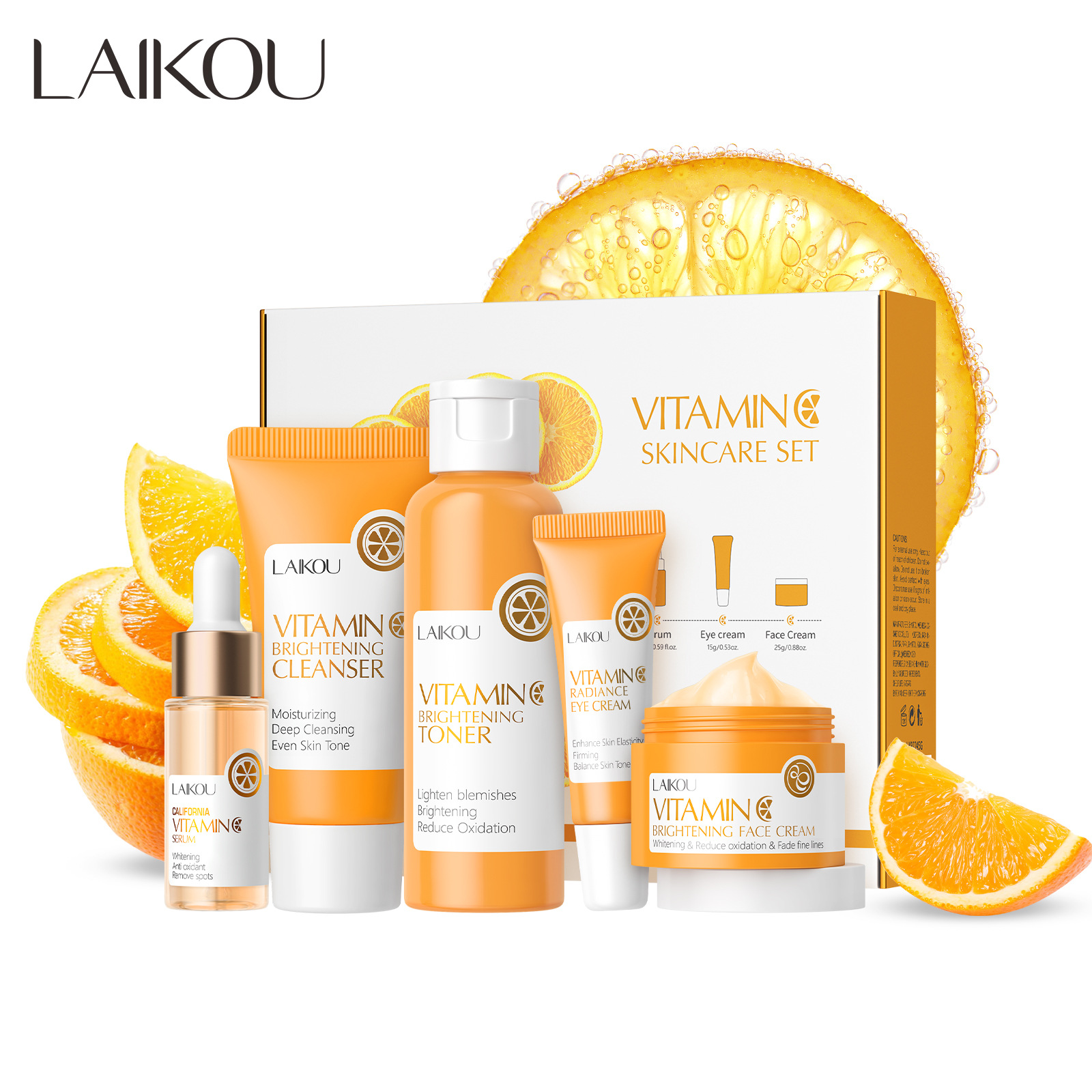 Cross-border LAIKOU Vitamin C Series Skin Care Product Set of 5 pieces: Facial Cleanser, toner, Essence, Eye Cream, Essence and Cream full figure